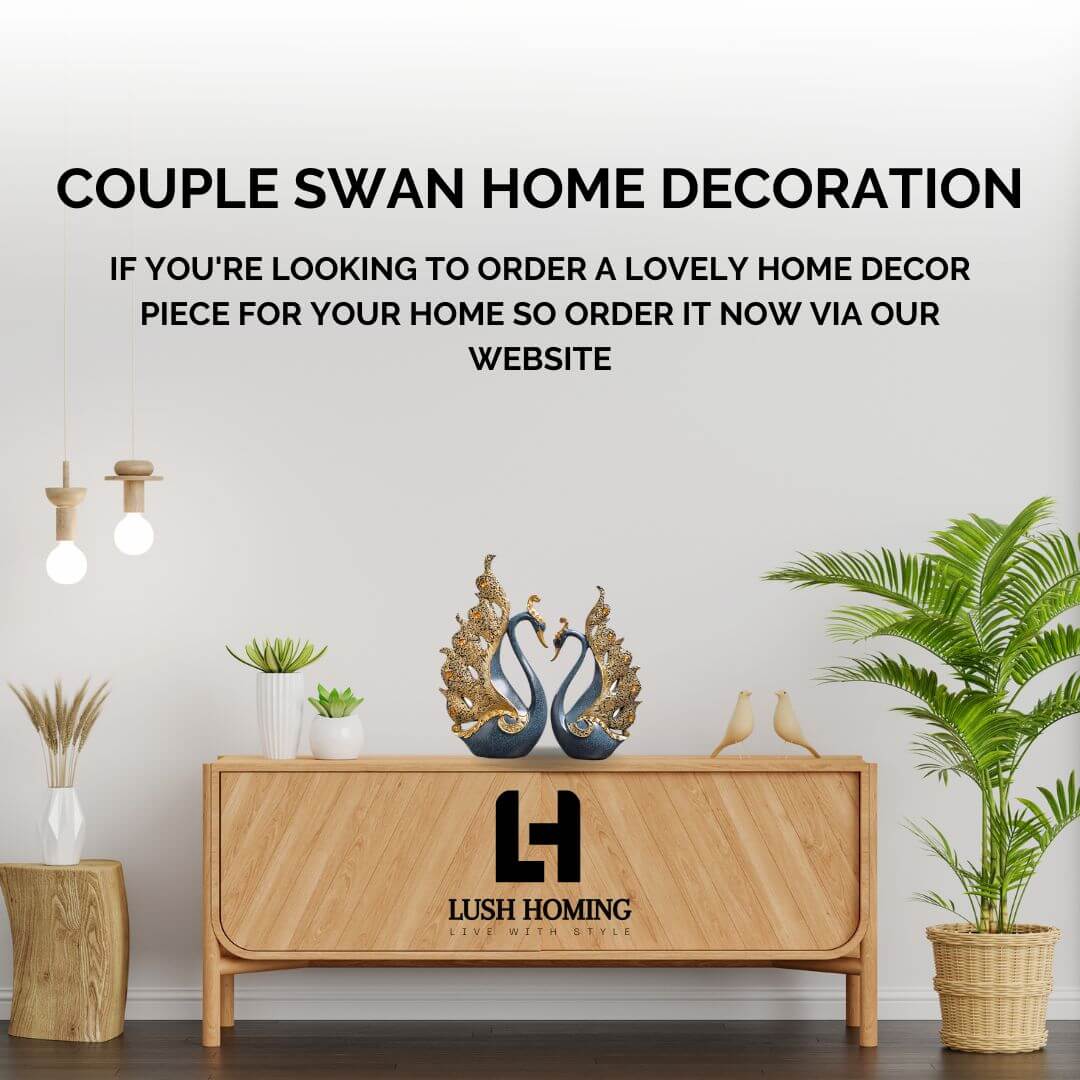 Couple Swan Home Decoration on Wooden Cabinet with Plants - Lush Homing Modern Home Decor