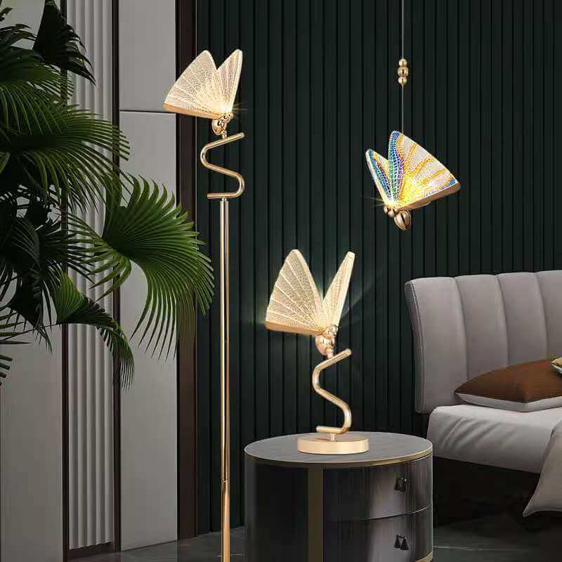 Modern Butterfly Lamp Chandelier in living room setting featuring durable aluminum and acrylic materials with bright soft lighting.