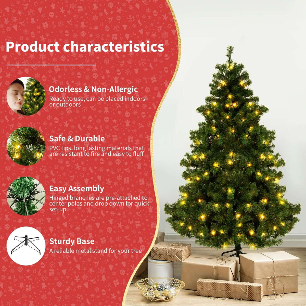 Christmas Tree PVC Artificial Snow with lights, product characteristics featuring odorless, durable, easy assembly, and sturdy base.