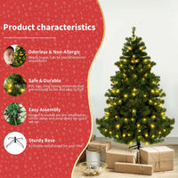 Christmas Tree PVC Artificial Snow with lights, product characteristics featuring odorless, durable, easy assembly, and sturdy base.