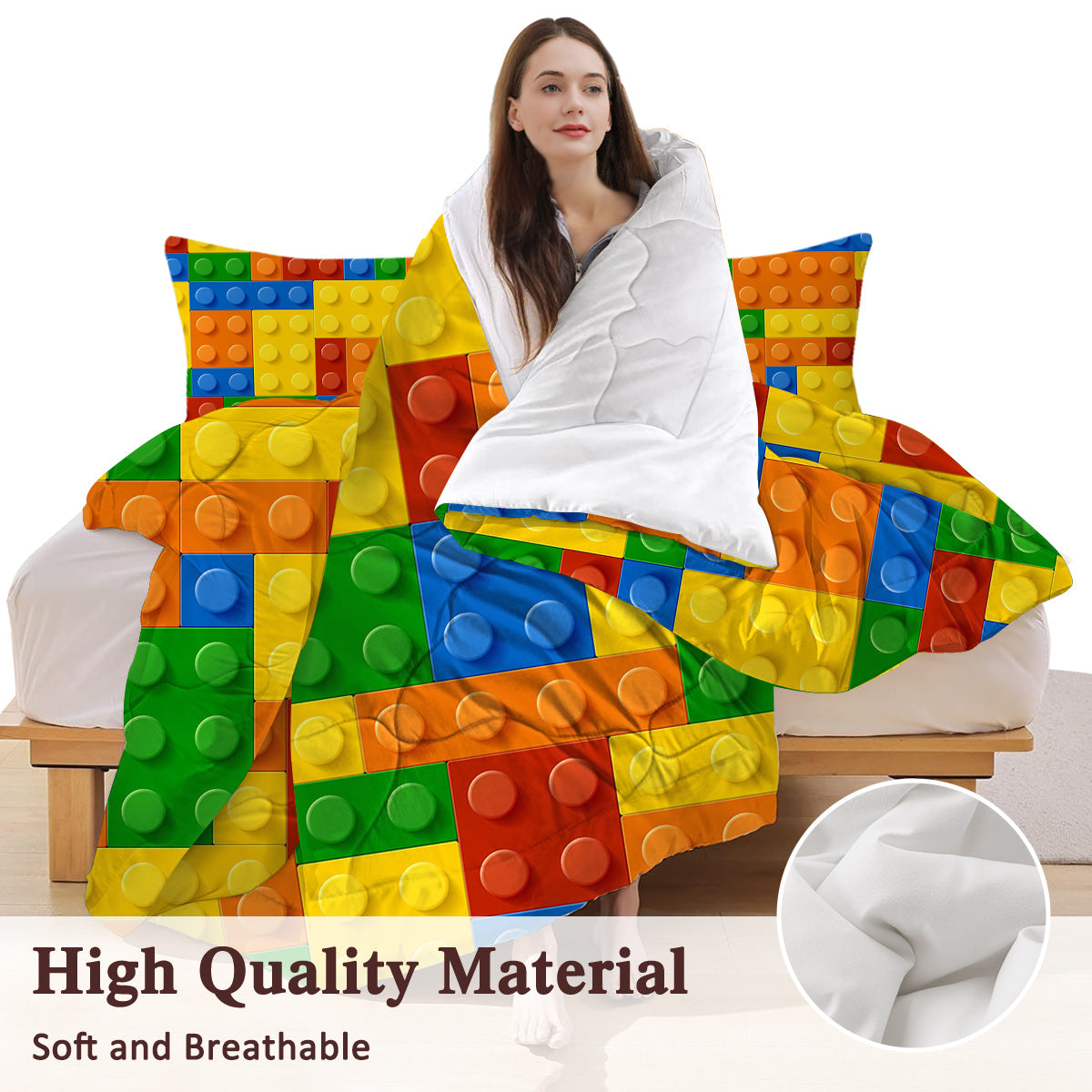 3pcs Funny Dot Building Blocks Comforter Set Colorful Bricks Thin Bedding Duvet Game Summer Quilt Set Twin Full Size