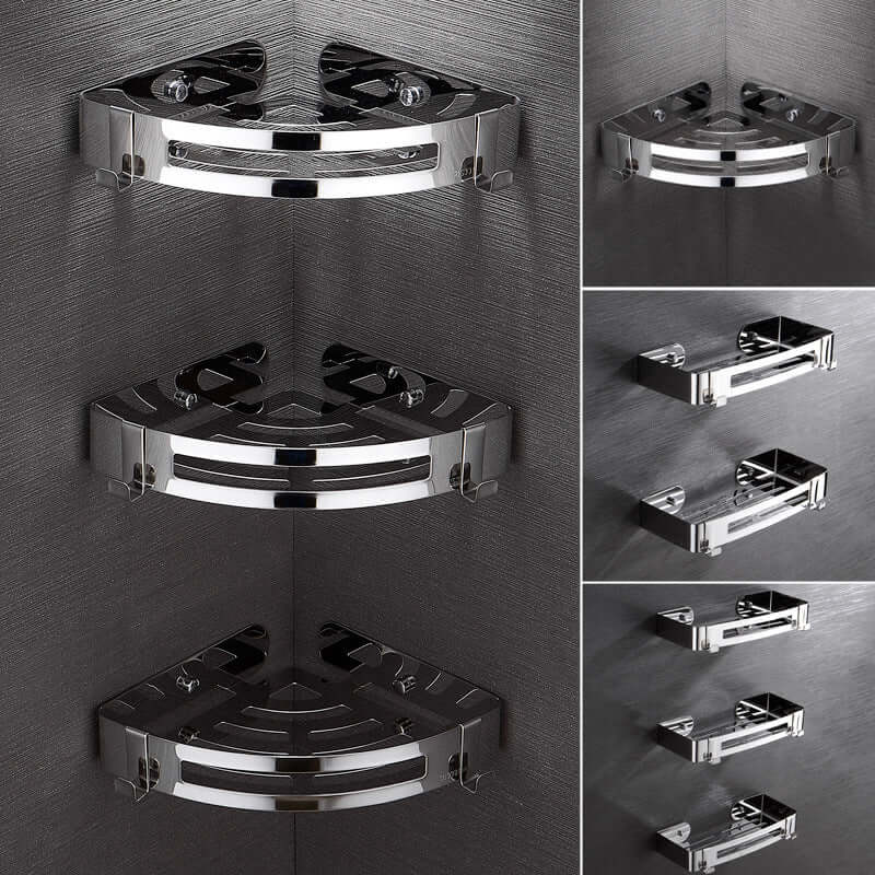 Hole-free bathroom shelf with adhesive mounting system for easy and damage-free installation