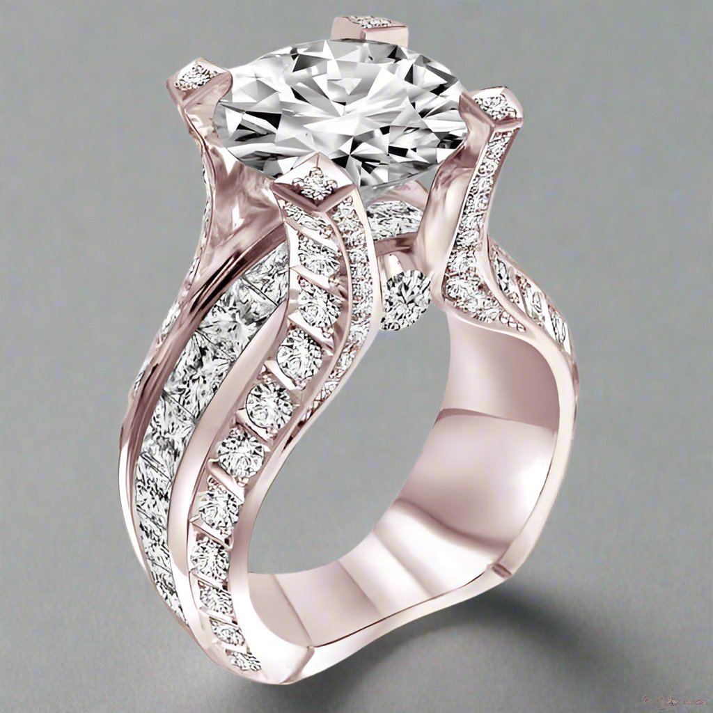 Rose Gold Oval Cubic Zirconia Engagement Ring with sparkling accents and intricate band design