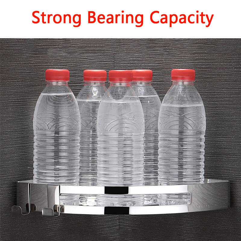 Durable hole-free bathroom shelf with adhesive mounting system for easy installation