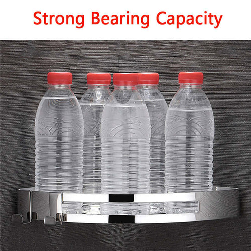 Durable hole-free bathroom shelf with adhesive mounting system for easy installation