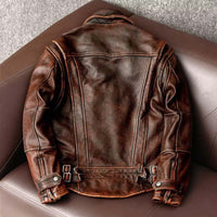 Men's vintage distressed brown cowhide leather jacket in fashion minimalist style with old features, sizes S-6XL, back view.