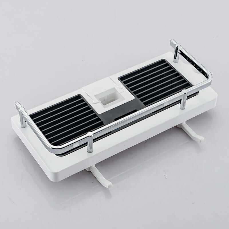 Black and white shower bar rack with electroplated surface for rust-resistant storage