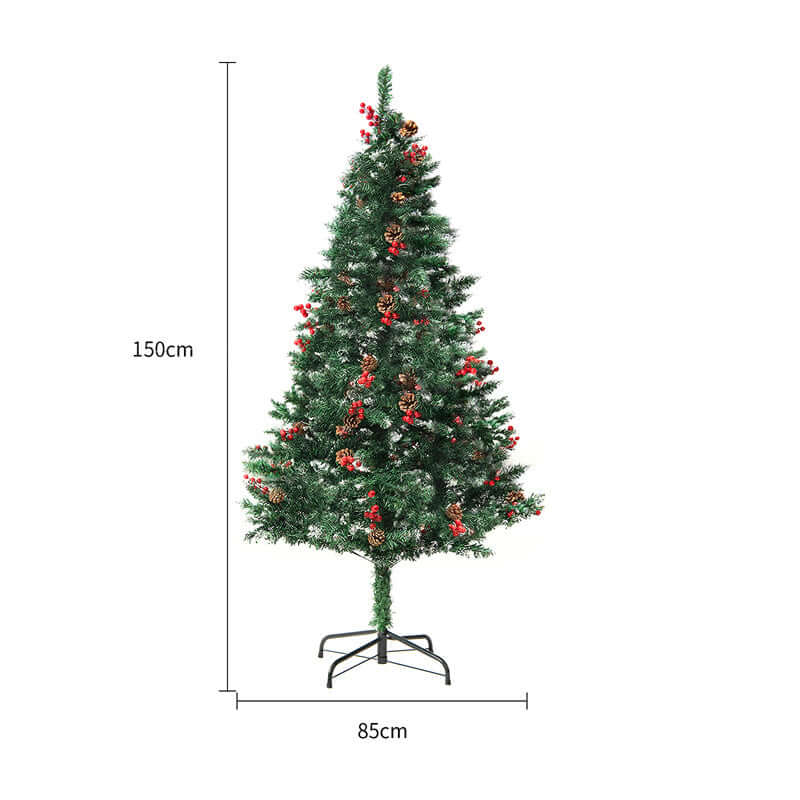 PVC artificial Christmas tree with snow effect, measuring 150cm in height and 85cm in width, perfect for mall window decorations.