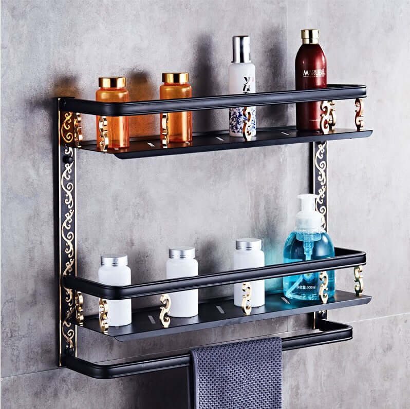 Space-saving shower shelf organizer with pole for shampoo, conditioner, body wash, soap, and more