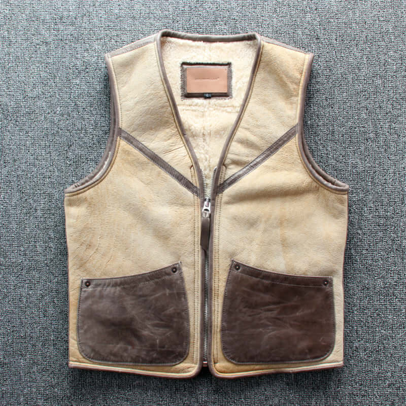 Lamb wool warm leather vest with zipper closure and large patch pockets, no collar design, and vintage slim-fit cardigan style