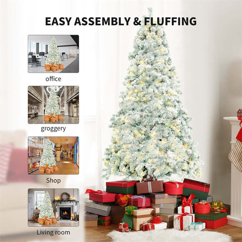 Snow-covered PVC Christmas tree with metal stand and gifts, suitable for office, grocery, shop, and living room decoration.