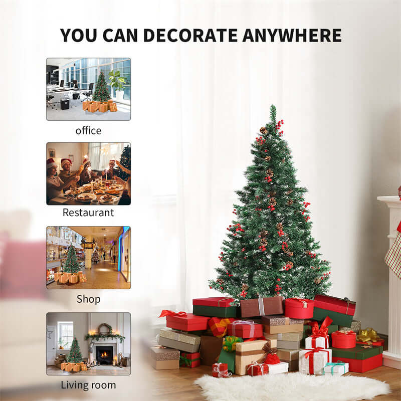 Artificial snow Christmas tree with gifts and decorations in living room, suitable for office, restaurant, and shop decorating.