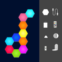 Colorful color-changing honeycomb wall lamp with induction, USB cable, remote, and other accessories for dreamy gaming atmosphere.
