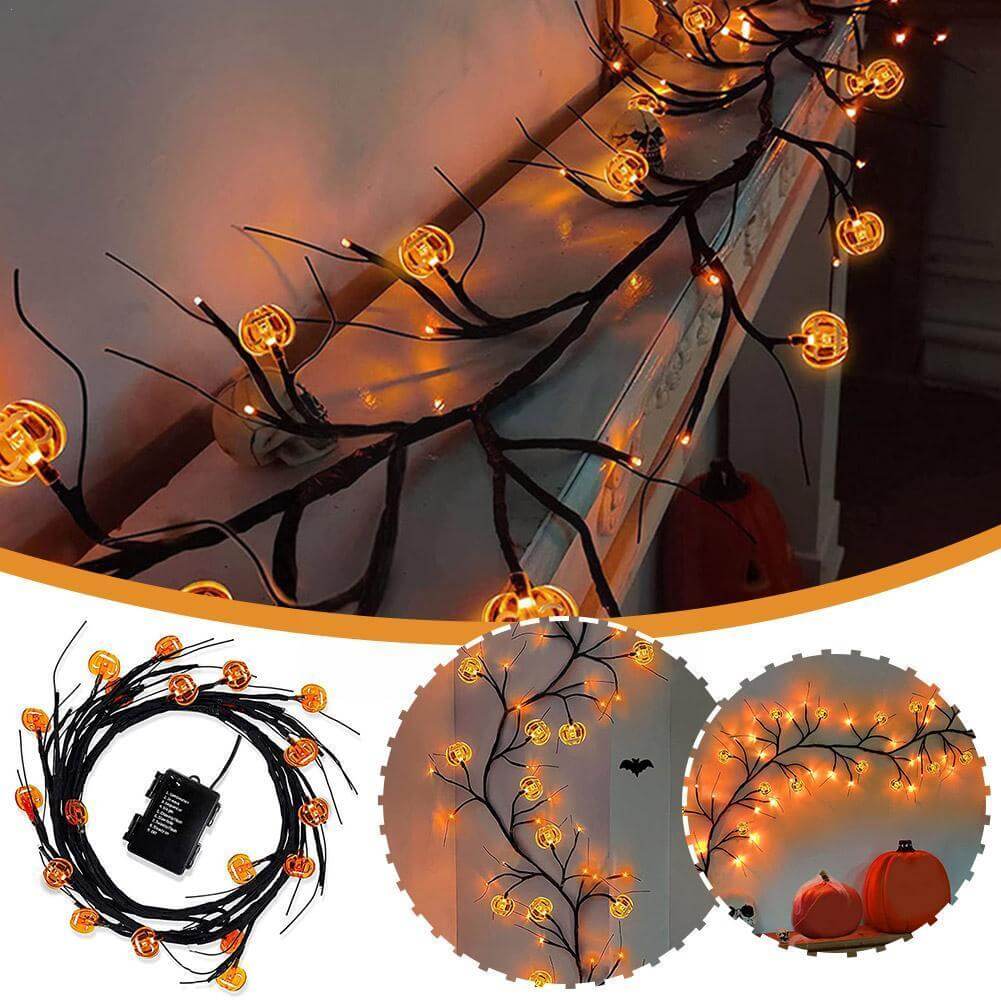 Warm-glowing Halloween rattan lights with bat and pumpkin shapes