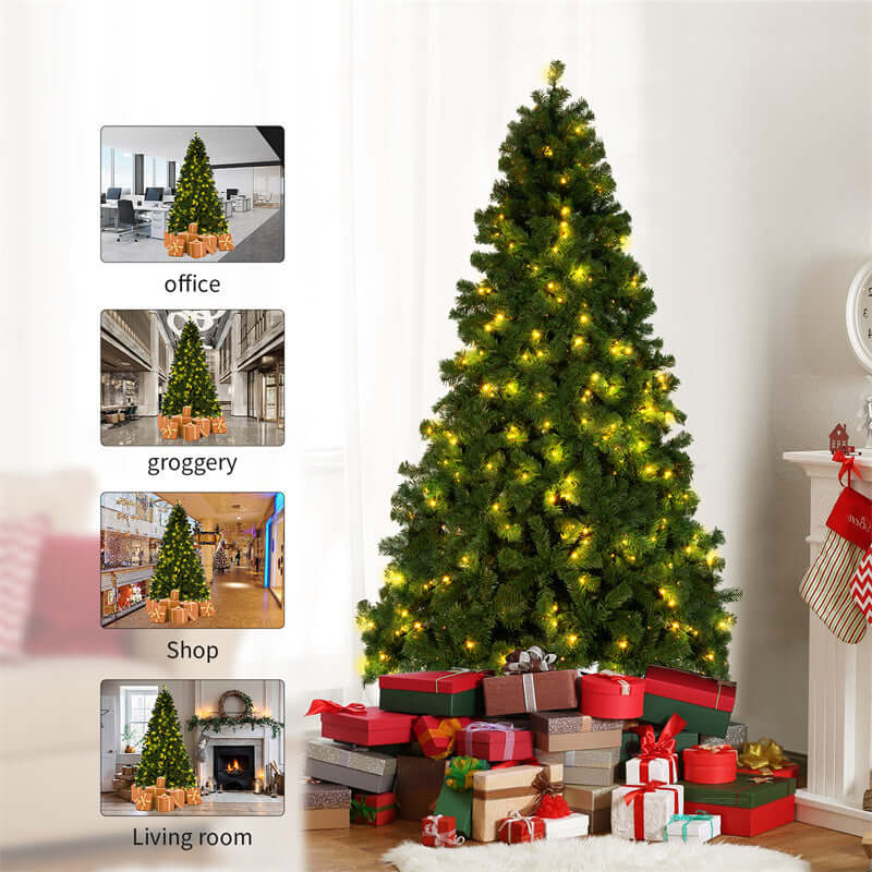 Christmas Tree PVC artificial snow Christmas tree with lights and presents, perfect for office, grocery store, shop, or living room decoration.