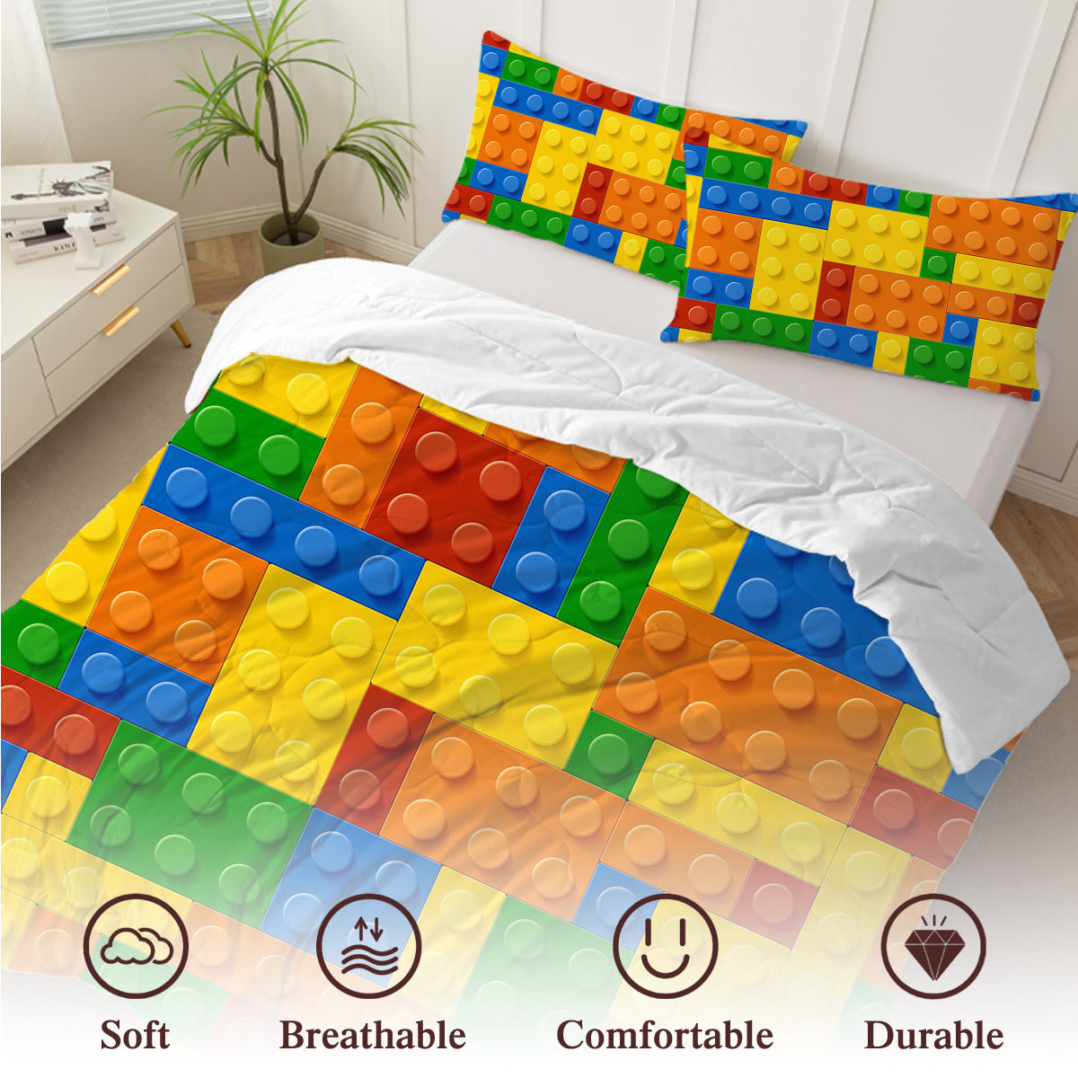 3pcs Funny Dot Building Blocks Comforter Set Colorful Bricks Thin Bedding Duvet Game Summer Quilt Set Twin Full Size