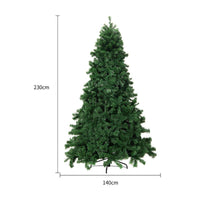 Artificial Christmas tree with metal stand, measuring 230cm in height and 140cm in width, ideal for holiday decoration.