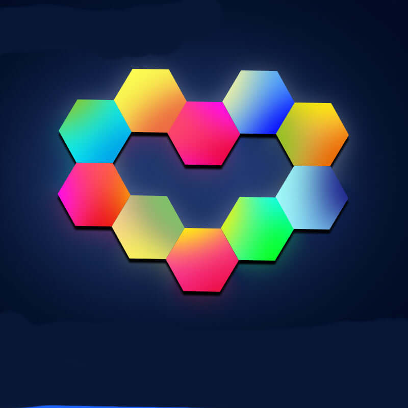 Colorful color-changing smart quantum light induction honeycomb bedroom wall lamp creating a dreamy rainbow effect in a heart shape