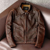 Men's fashionable vintage distressed brown cowhide leather jacket in minimalist style on a chair