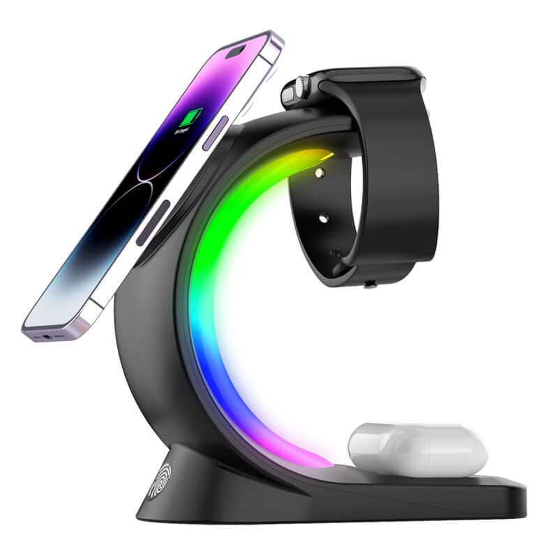 4-in-1 Magnetic Charge & Glow: Wireless Oasis for Phone, Watch, & Buds (RGB Light)