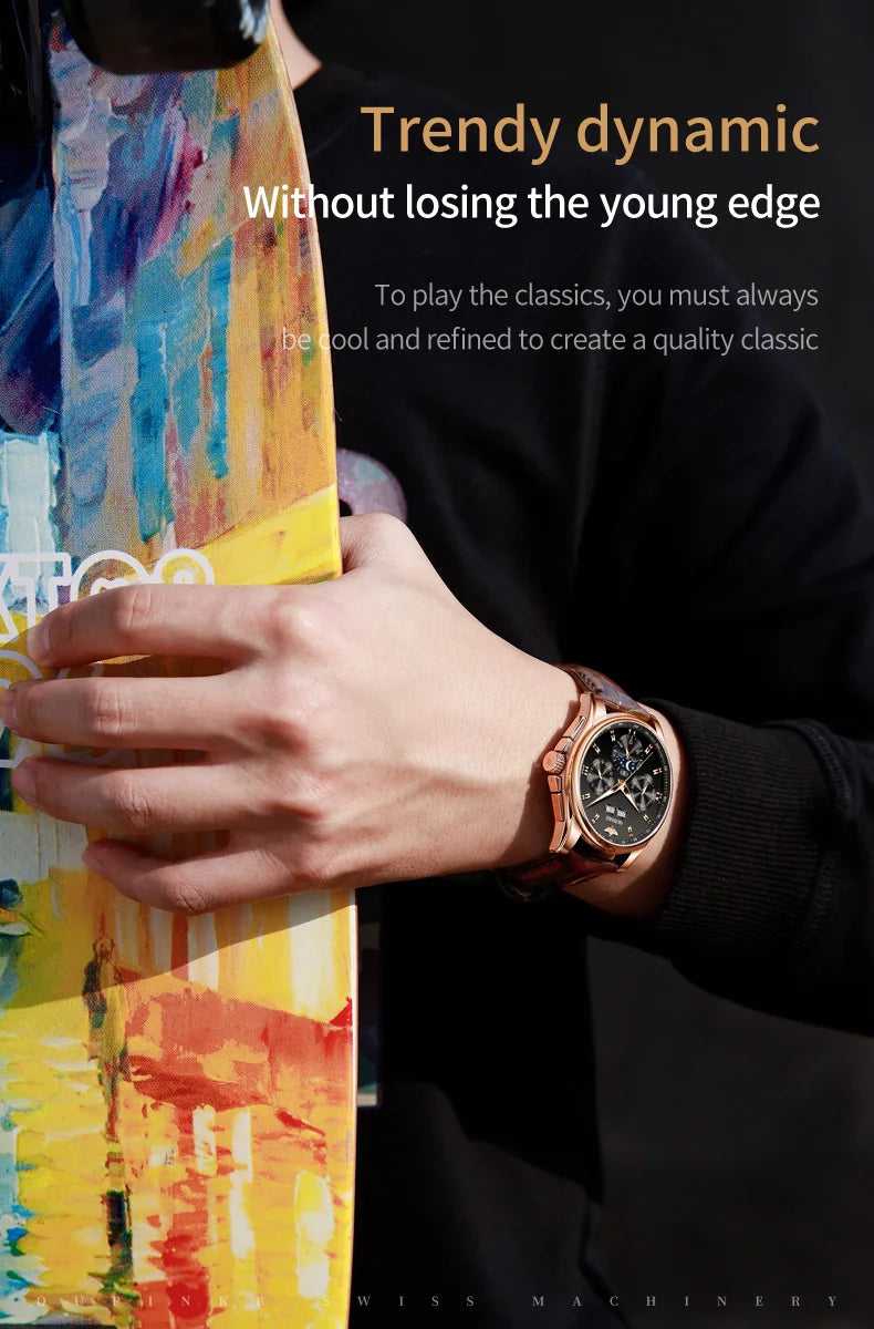 OUPINKE 3189 Men's Watch Top Luxury Brand Automatic Mechanical Watch Fashion Leather Waterproof Sapphire Mirror Moon Men's Watch