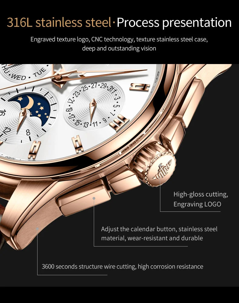 OUPINKE 3189 Men's Watch Top Luxury Brand Automatic Mechanical Watch Fashion Leather Waterproof Sapphire Mirror Moon Men's Watch