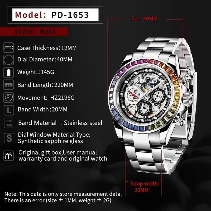 PAGANI Design Men Automatic Mechanical Watch Rainbow Rainbow Circle Skeleton Dial Stainless Steel Sapphire Sports Watches