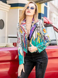 Womens Rivet Beading Pu Jacket Hit Color Streetstyle Graffiti Outerwear letters Printed leather Jackets Short Punk Street Coat