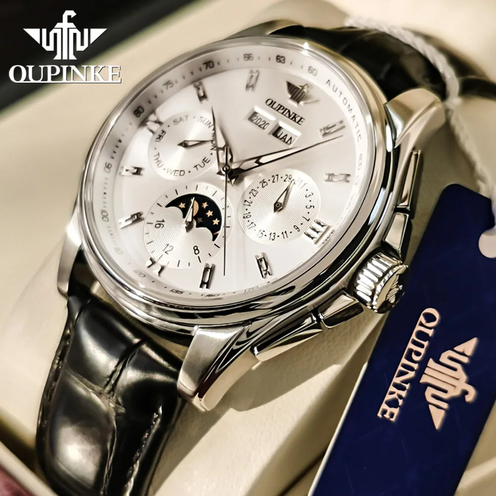 OUPINKE 3189 Men's Watch Top Luxury Brand Automatic Mechanical Watch Fashion Leather Waterproof Sapphire Mirror Moon Men's Watch