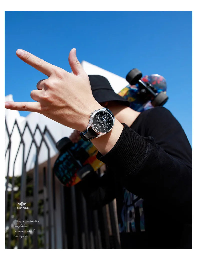 OUPINKE 3189 Men's Watch Top Luxury Brand Automatic Mechanical Watch Fashion Leather Waterproof Sapphire Mirror Moon Men's Watch