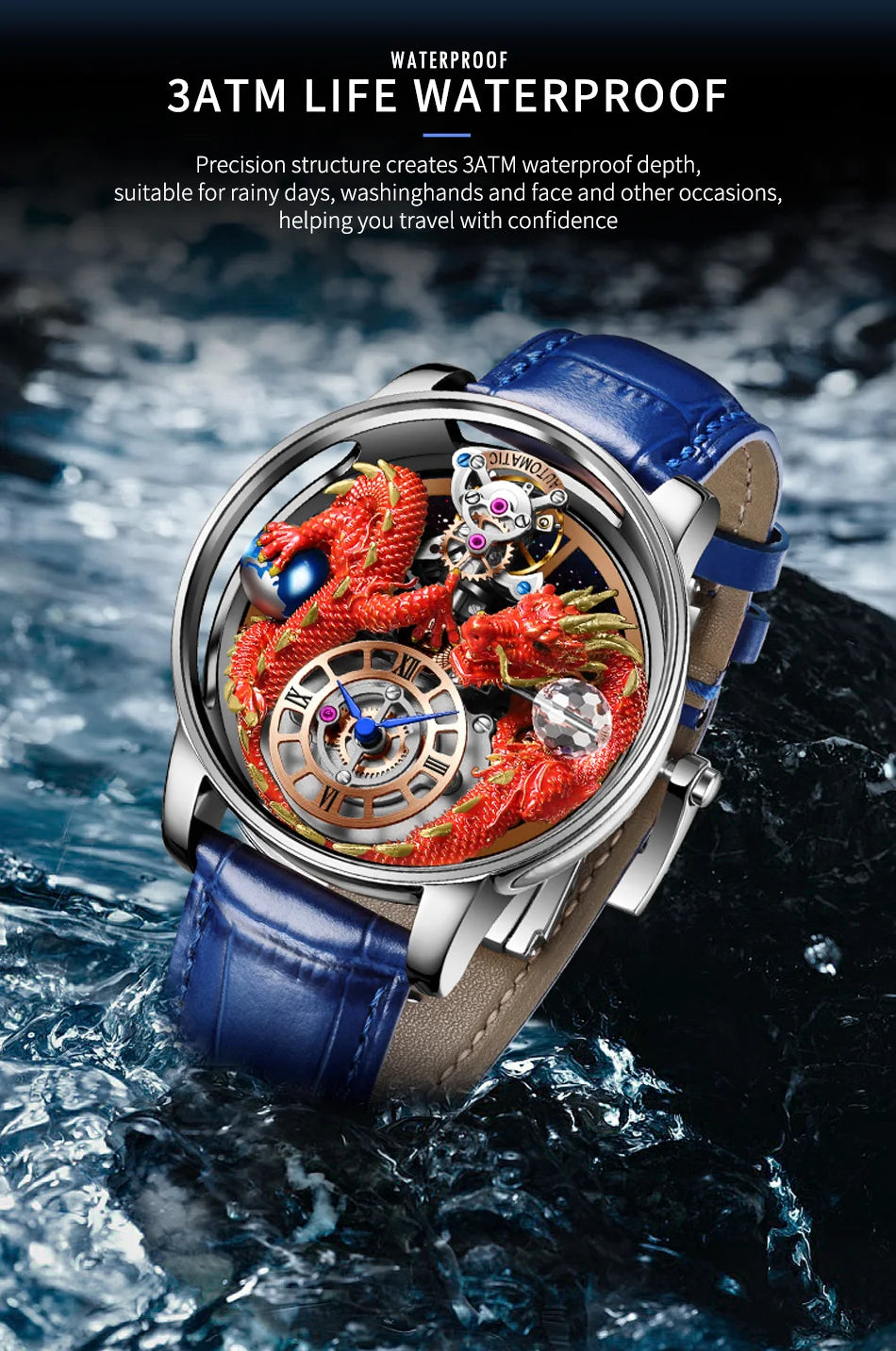 PINDU Design New 3D Dragon Earth Theme Quartz Watches Men Celestial Series Curved Mirror Transparent Design Watch Wristwatches