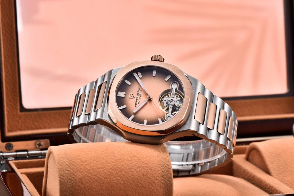 PAGANI DESIGN Tourbillon Men's Watches Rose Gold Luxury Automatic Watch For Men Mechanical Wristwatches AR Sapphire Mirror Clock