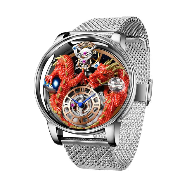 PINDU Design New 3D Dragon Earth Theme Quartz Watches Men Celestial Series Curved Mirror Transparent Design Watch Wristwatches