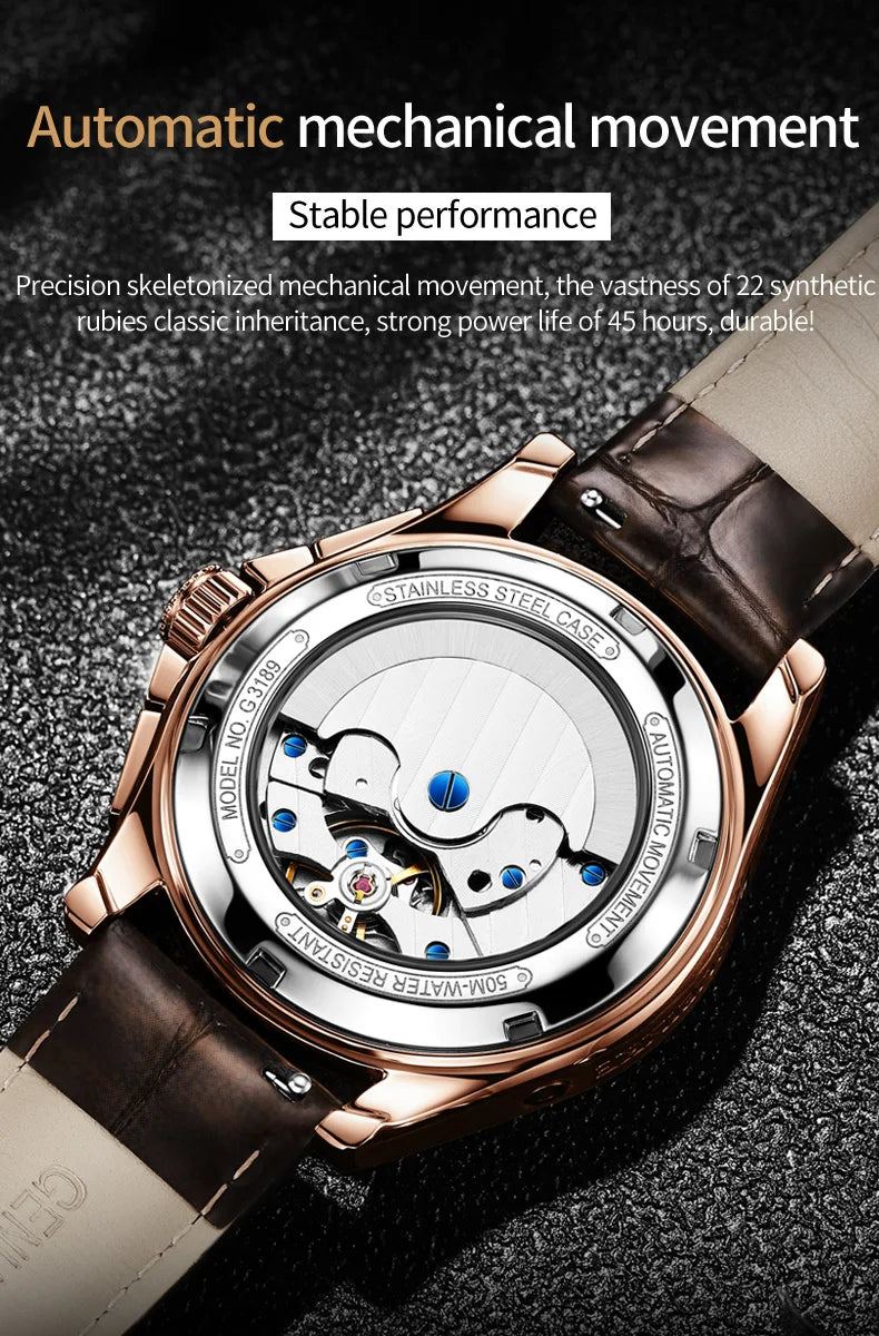 OUPINKE 3189 Men's Watch Top Luxury Brand Automatic Mechanical Watch Fashion Leather Waterproof Sapphire Mirror Moon Men's Watch