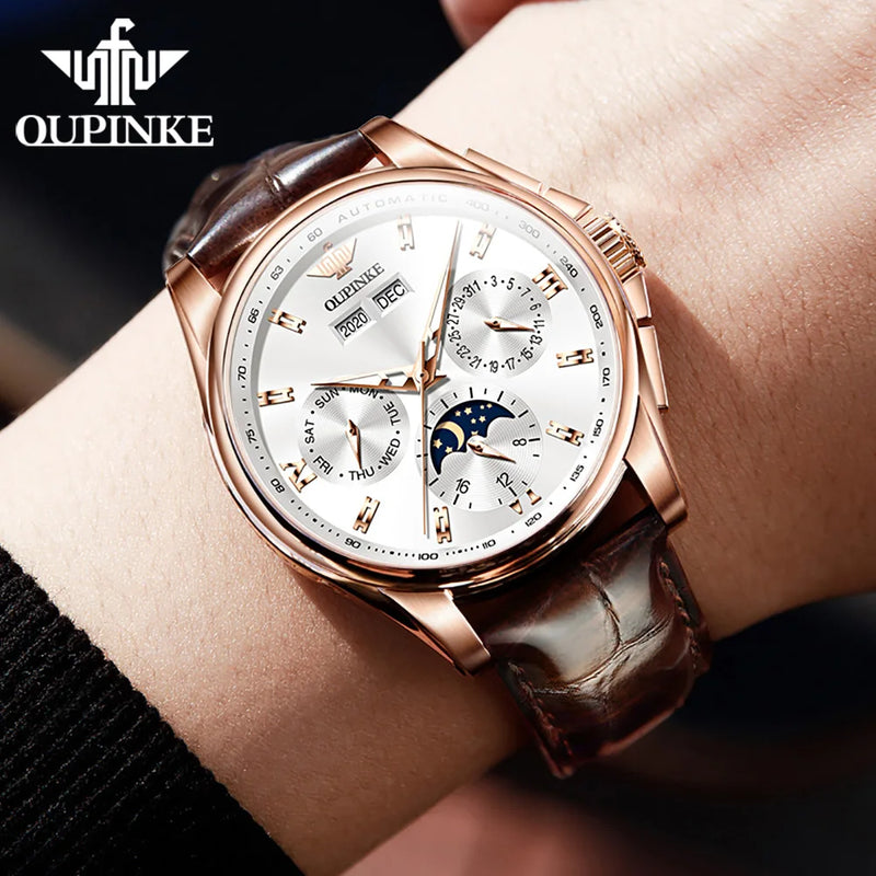 OUPINKE 3189 Men's Watch Top Luxury Brand Automatic Mechanical Watch Fashion Leather Waterproof Sapphire Mirror Moon Men's Watch