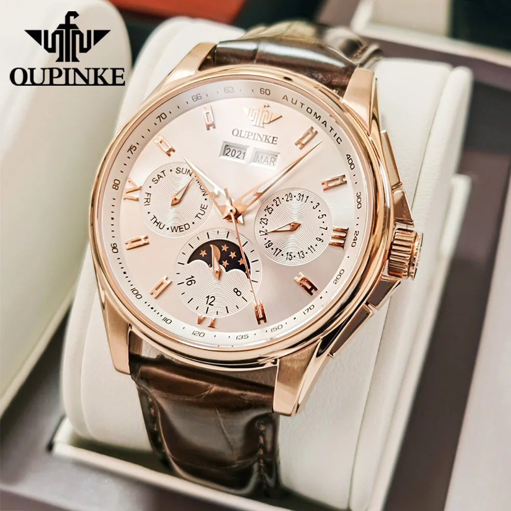 OUPINKE 3189 Men's Watch Top Luxury Brand Automatic Mechanical Watch Fashion Leather Waterproof Sapphire Mirror Moon Men's Watch