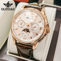OUPINKE 3189 Men's Watch Top Luxury Brand Automatic Mechanical Watch Fashion Leather Waterproof Sapphire Mirror Moon Men's Watch