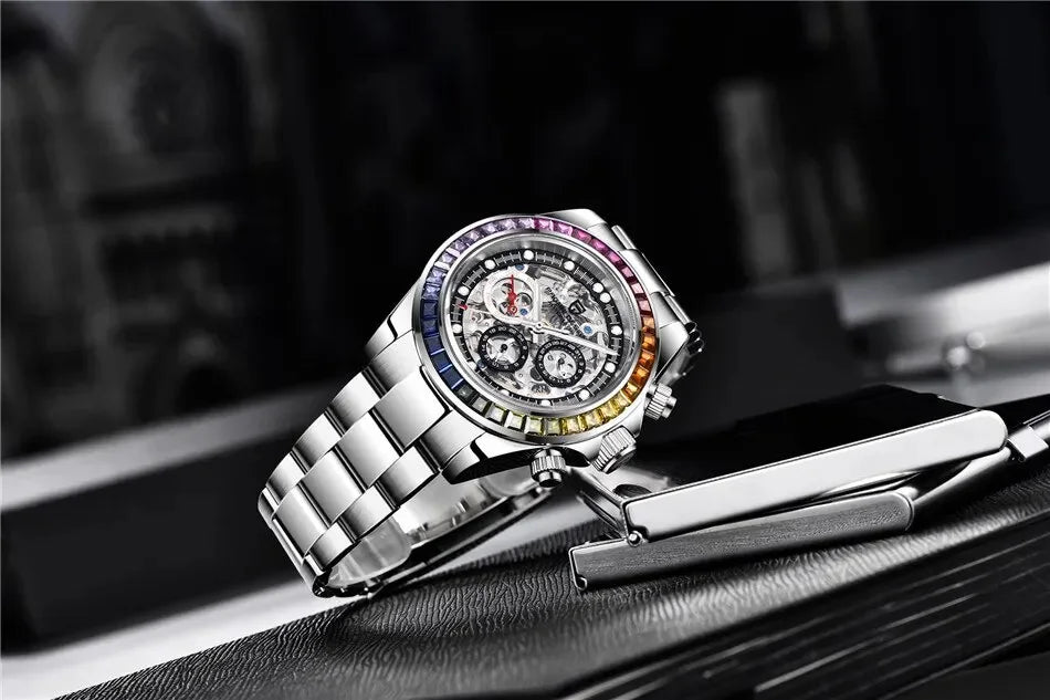 PAGANI Design Men Automatic Mechanical Watch Rainbow Rainbow Circle Skeleton Dial Stainless Steel Sapphire Sports Watches