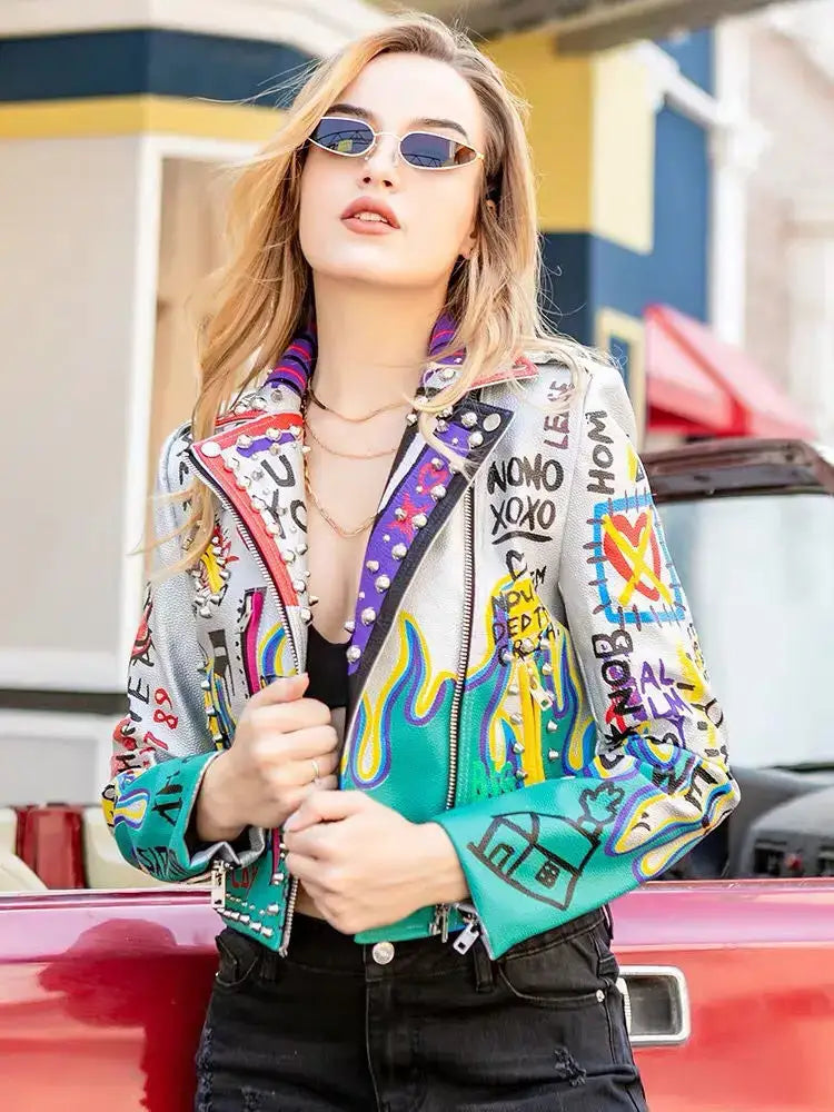 Womens Rivet Beading Pu Jacket Hit Color Streetstyle Graffiti Outerwear letters Printed leather Jackets Short Punk Street Coat
