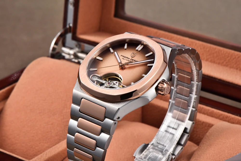 PAGANI DESIGN Tourbillon Men's Watches Rose Gold Luxury Automatic Watch For Men Mechanical Wristwatches AR Sapphire Mirror Clock