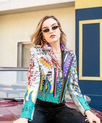 Womens Rivet Beading Pu Jacket Hit Color Streetstyle Graffiti Outerwear letters Printed leather Jackets Short Punk Street Coat