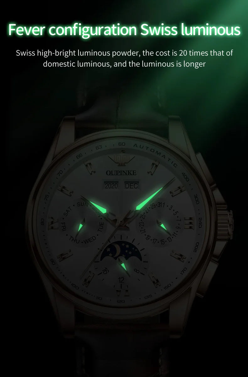 OUPINKE 3189 Men's Watch Top Luxury Brand Automatic Mechanical Watch Fashion Leather Waterproof Sapphire Mirror Moon Men's Watch