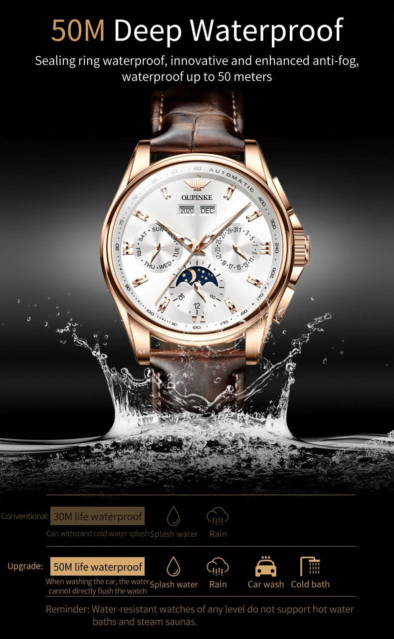 OUPINKE 3189 Men's Watch Top Luxury Brand Automatic Mechanical Watch Fashion Leather Waterproof Sapphire Mirror Moon Men's Watch