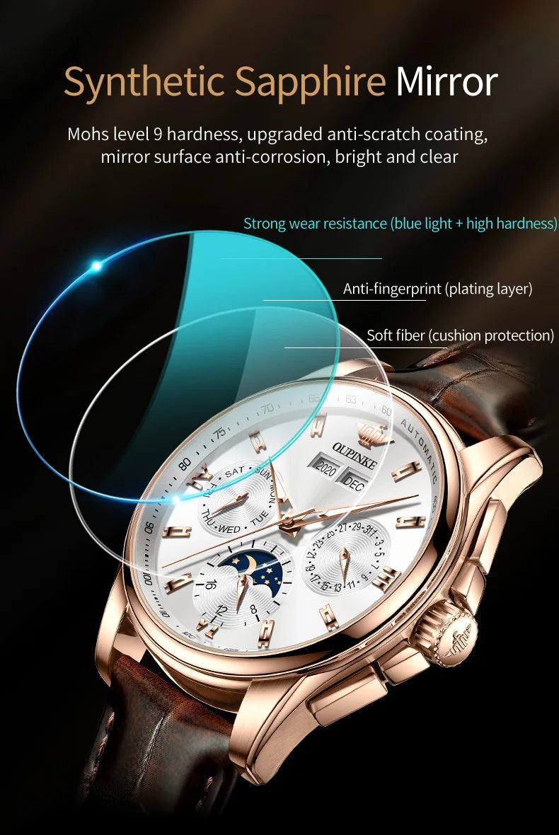 OUPINKE 3189 Men's Watch Top Luxury Brand Automatic Mechanical Watch Fashion Leather Waterproof Sapphire Mirror Moon Men's Watch
