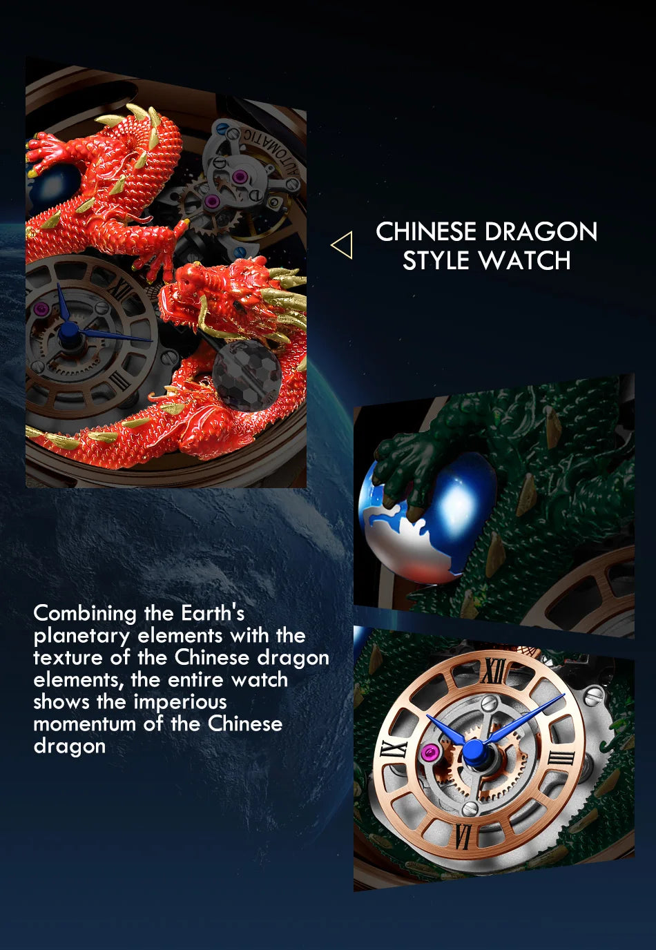 PINDU Design New 3D Dragon Earth Theme Quartz Watches Men Celestial Series Curved Mirror Transparent Design Watch Wristwatches