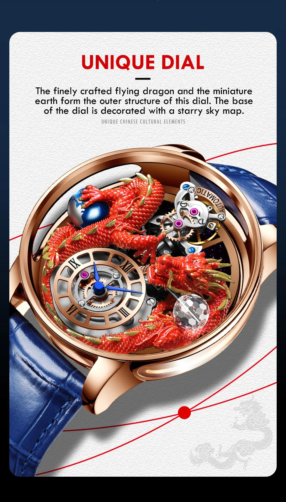 PINDU Design New 3D Dragon Earth Theme Quartz Watches Men Celestial Series Curved Mirror Transparent Design Watch Wristwatches
