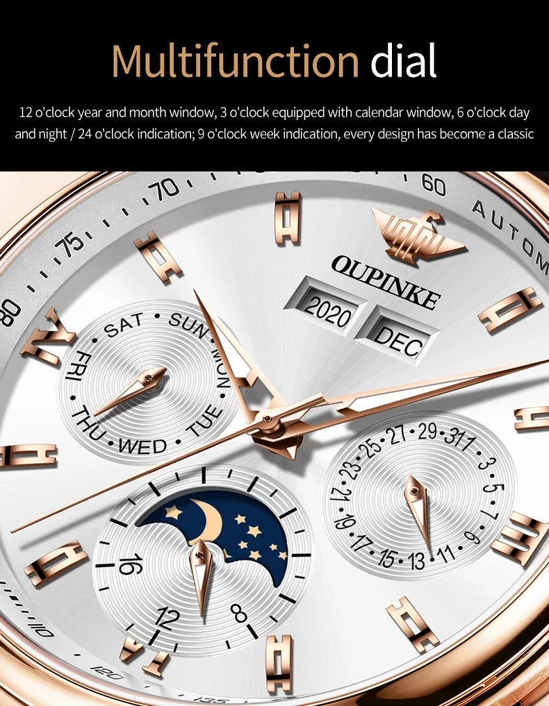 OUPINKE 3189 Men's Watch Top Luxury Brand Automatic Mechanical Watch Fashion Leather Waterproof Sapphire Mirror Moon Men's Watch
