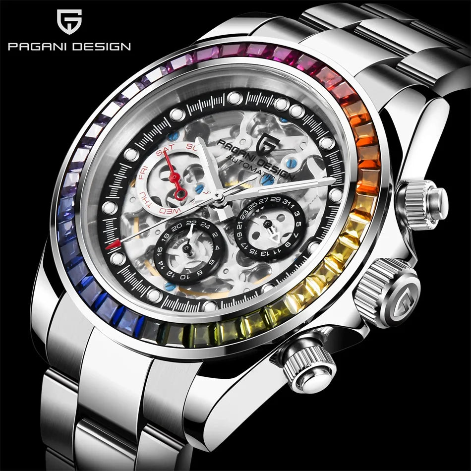 PAGANI Design Men Automatic Mechanical Watch Rainbow Rainbow Circle Skeleton Dial Stainless Steel Sapphire Sports Watches