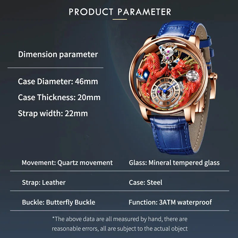 PINDU Design New 3D Dragon Earth Theme Quartz Watches Men Celestial Series Curved Mirror Transparent Design Watch Wristwatches