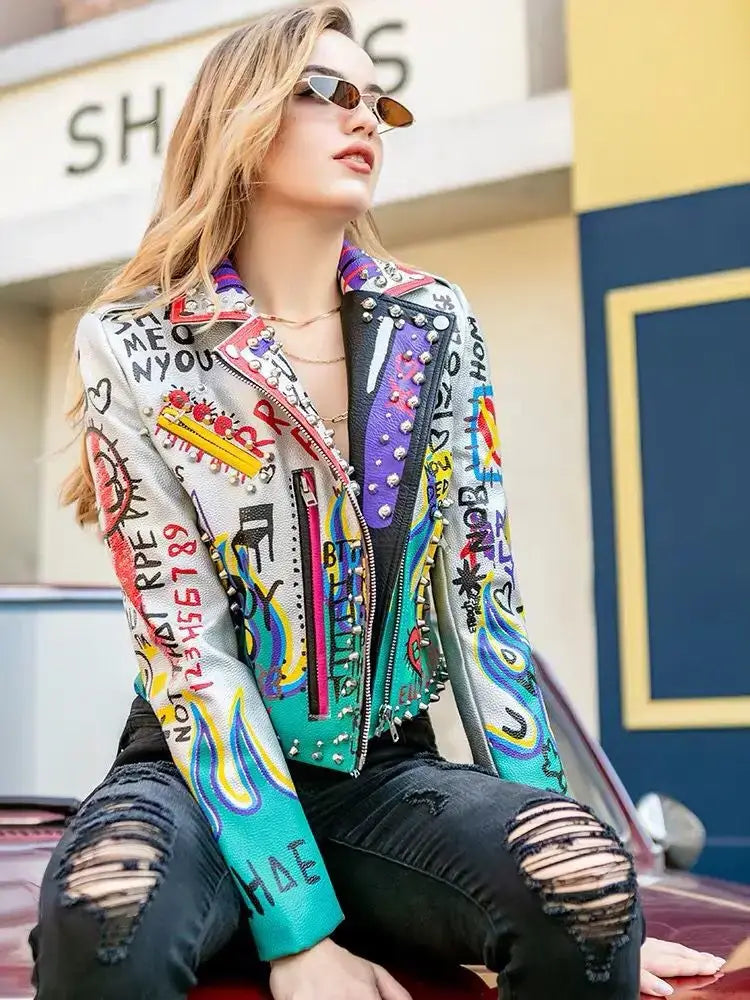 Womens Rivet Beading Pu Jacket Hit Color Streetstyle Graffiti Outerwear letters Printed leather Jackets Short Punk Street Coat